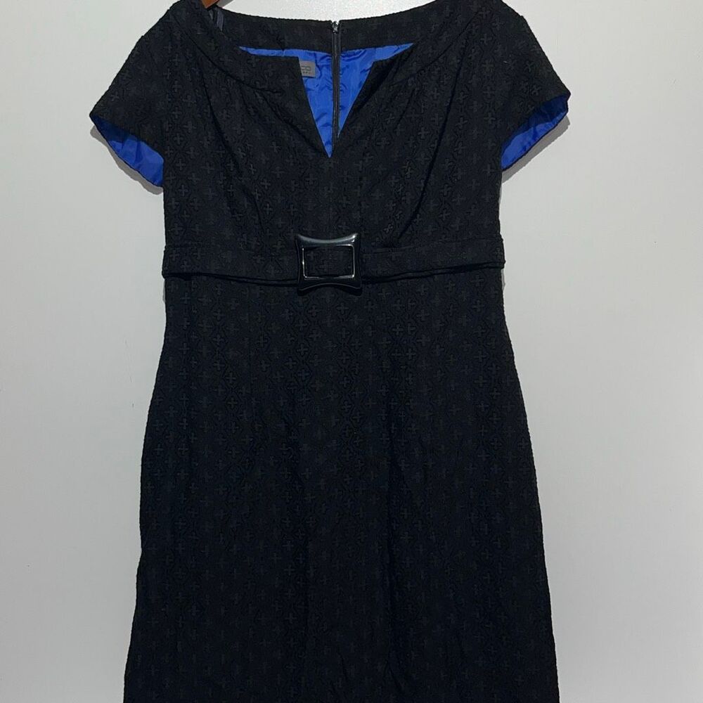 Donna Ricco New York Black Textured Belted V-Neck Sheath Dress Size 10